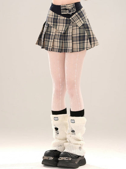 Red/Blue Buckle Pleated Plaid Skirt Mini Waist High Straps