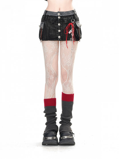 スリムフィットのブラックデニムポケットミニシルバートーンスカートグラマラスボタン