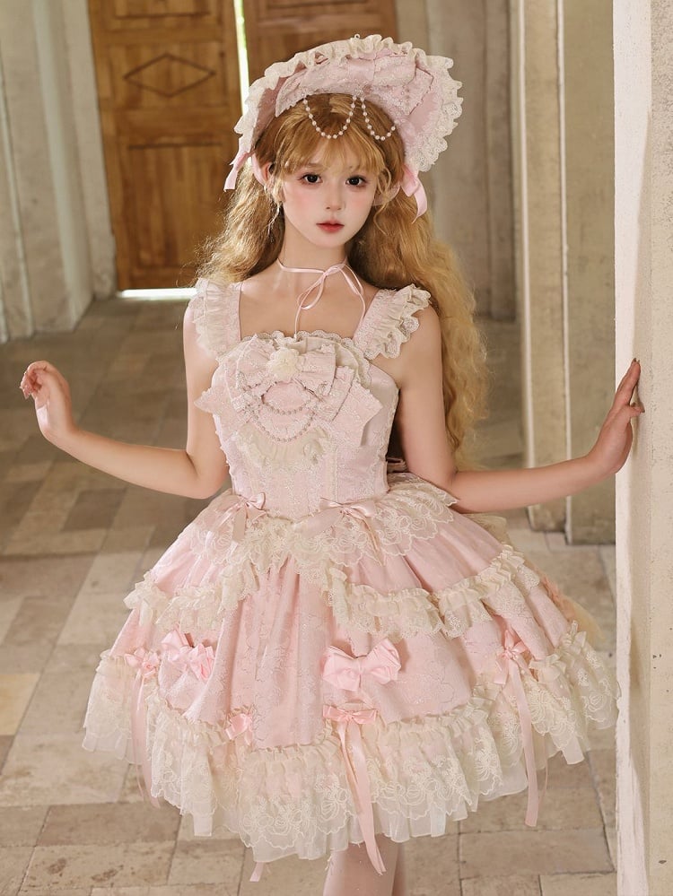 Stoff Rosa Lolita Süßes Kleid Schleife Jacquard Akzente Pullover Rock