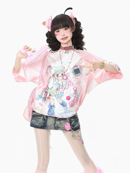 Kawaii Pink Satin V-Neck Tee with Anime Print - Languid Park