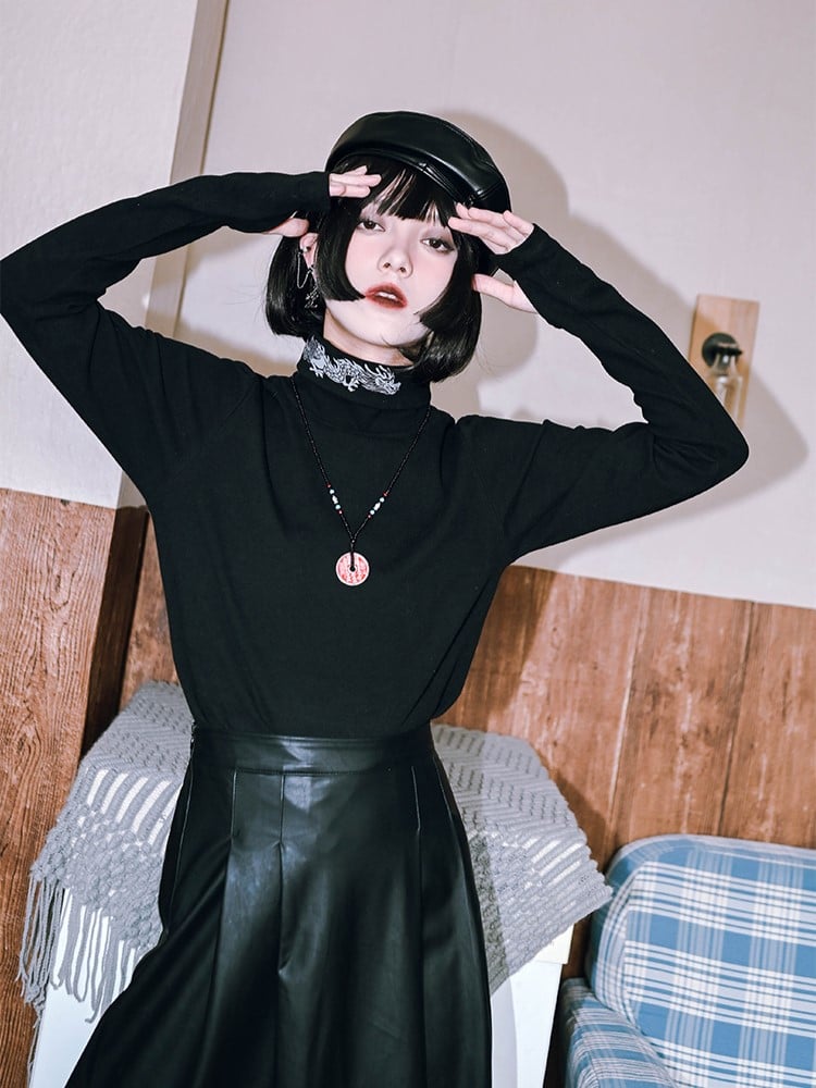 Gothic Dragon Top Collar Cheongsam Cuffs Print with Turtleneck Thin/Thick Black Thumbhole