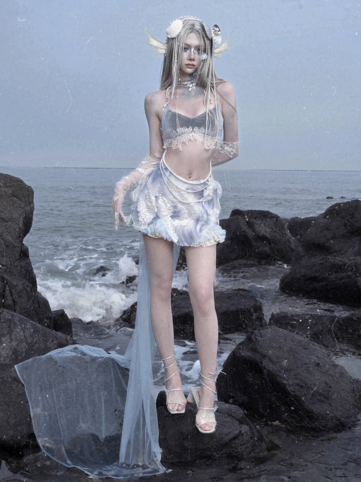 取り外し可能なトレーンフェアリービーズチュールディテールとゴススカートスパンコール付き