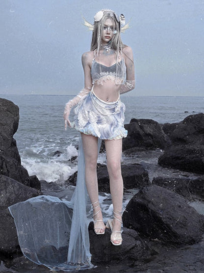 取り外し可能なトレーンフェアリービーズチュールディテールとゴススカートスパンコール付き