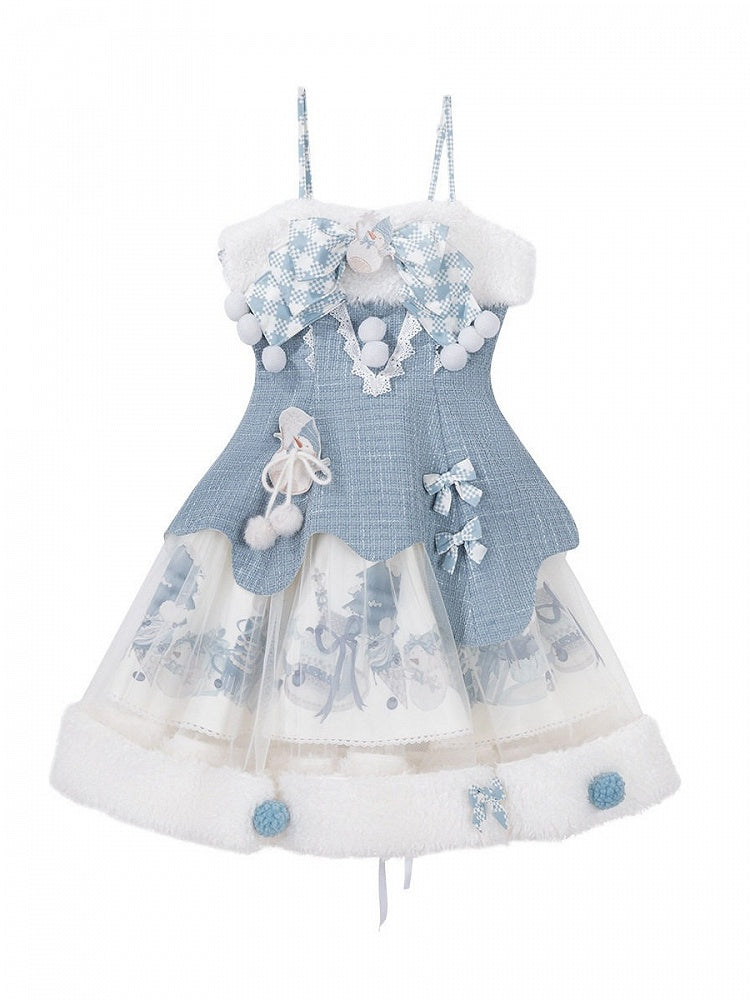 Blue White Plush Sleeveless Gown with Pom-pom Snowman Accents - Xiong Dou Jiang