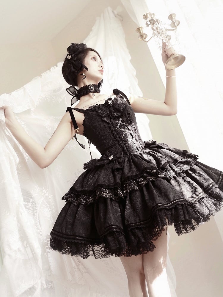 Kuro Lolita Natural Waist Princess Corset Jumper Skirt in Black, Size S - Golden Koi Forest