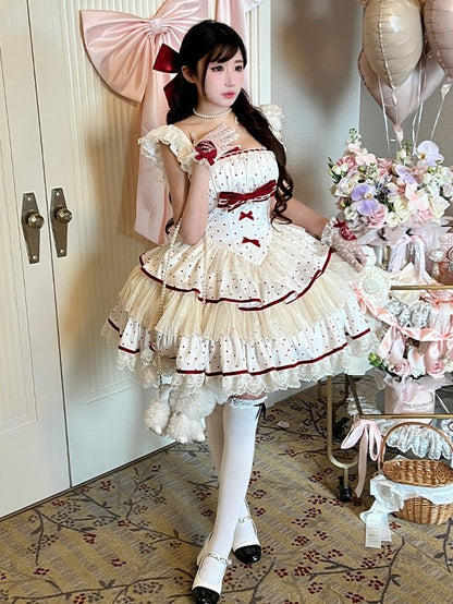 水玉模様のドレス、赤いスカート、ティアードウエスト、スイートバスクホワイト