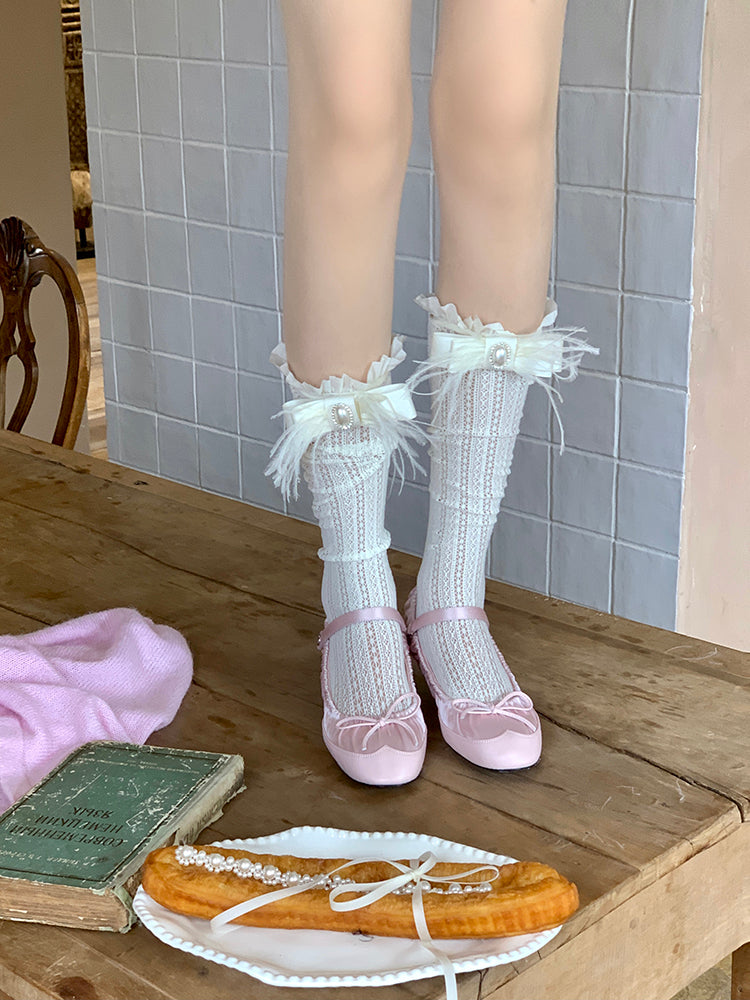 Decoration with Feather Socks White/Black Calf Ruffled Bowknot Creamy Lace