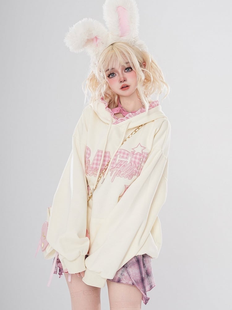 Und Plaid Mit Buchstabenstickerei Leichter Hoodie Gelb Stern Rosa