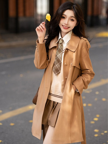 with Front Longline Beige/Khaki/Black Coat Placket Button