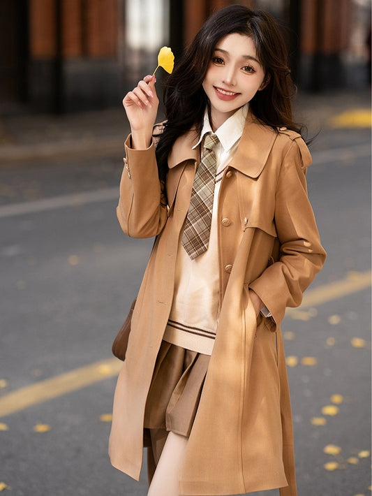 with Front Longline Beige/Khaki/Black Coat Placket Button