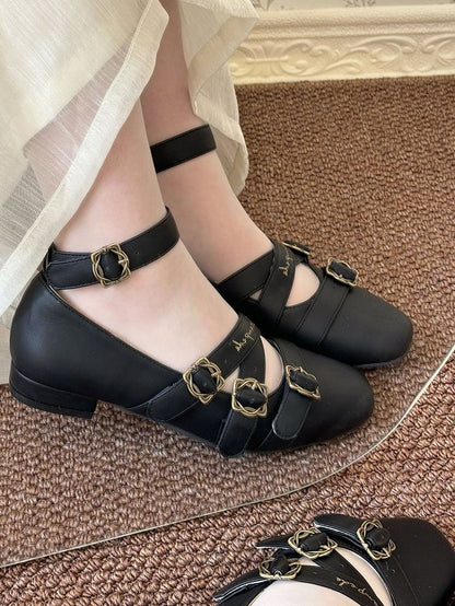 Square Low Classic Black Crisscross Design Heels Toe with Lolita
