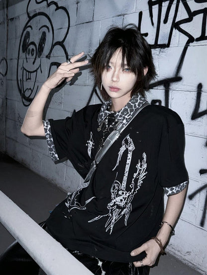 Print Y2K Patchwork Cross T-Shirt with Leopard and