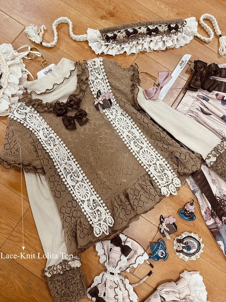 Top Lace-Knit Light Sleeves Lolita Brown Short