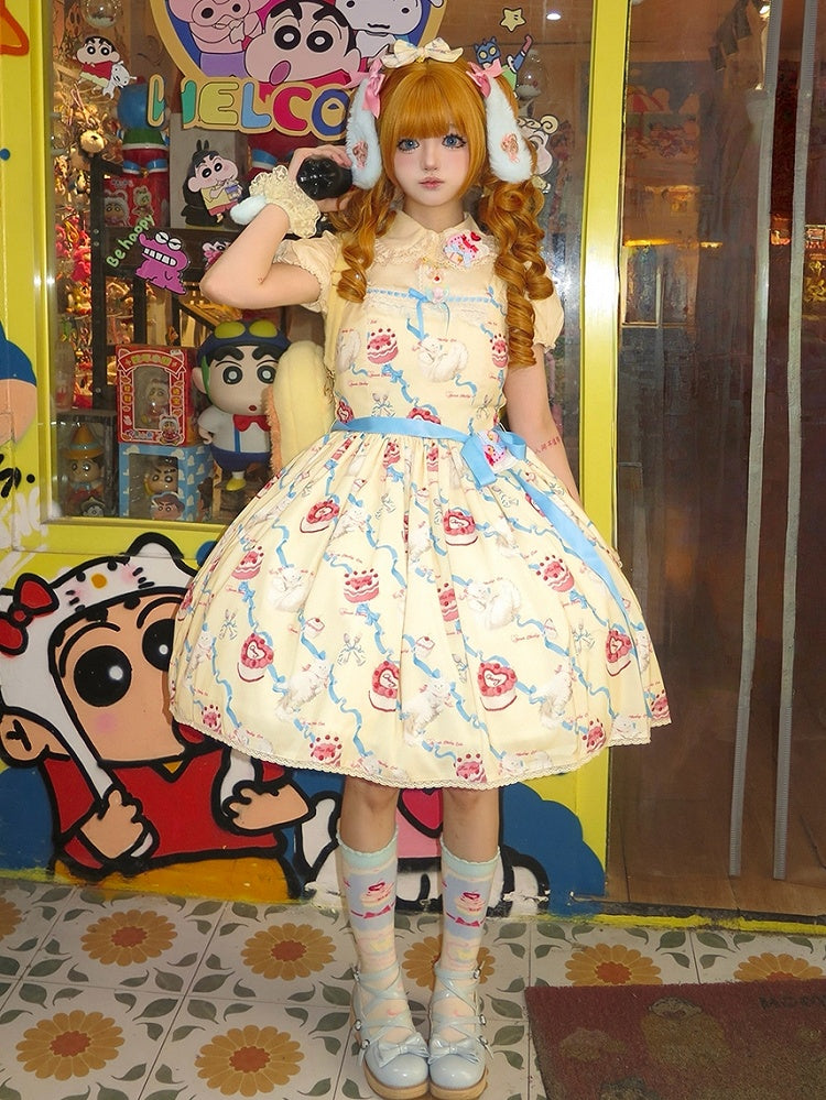 Süßes Lolita-Kleid, süßer Showa-Pullover, gelber Kitty-Creme-Print-Rock, flauschig