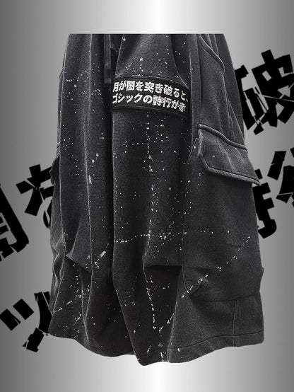 デザインパンツ ブラック アシンメトリー カーゴ パンク ウェイストランド プリント ワイドレッグ