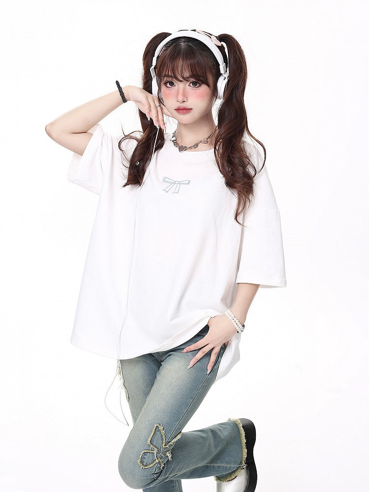 Details Multi-Color Print T-shirt Lacing White Back with Ribbons Bow
