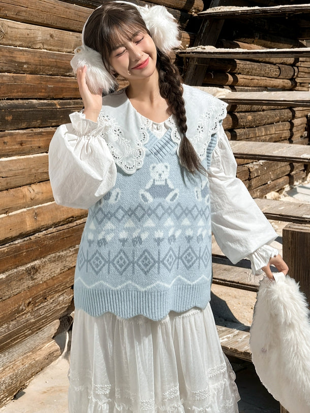 Blue Teddy Bears Pattern Scalloped Edge Trim Vest