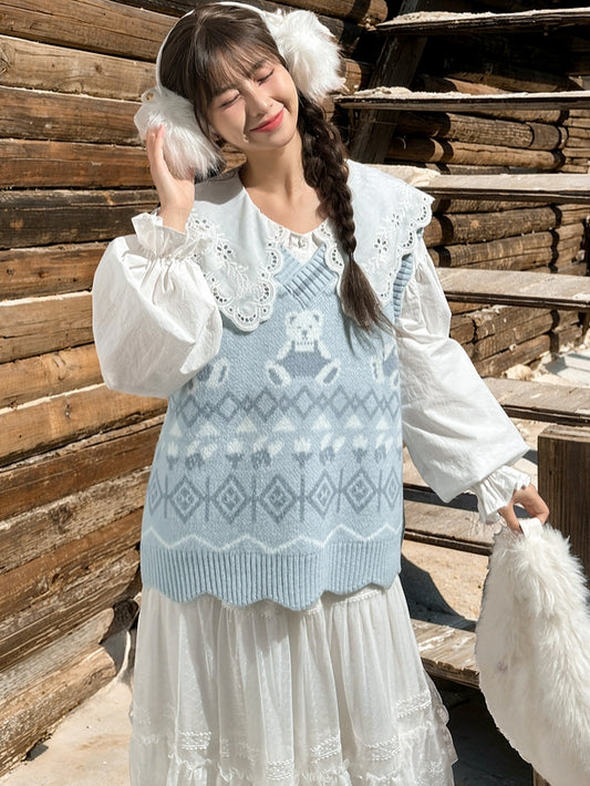 Blue Teddy Bears Pattern Scalloped Edge Trim Vest
