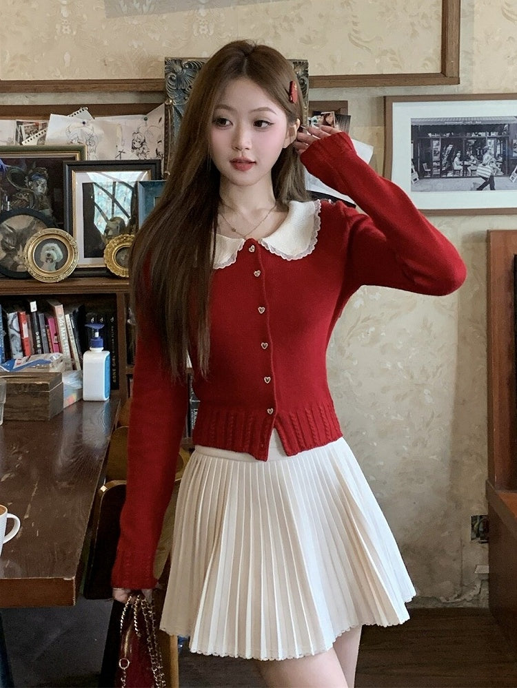 Red Knit Peter Pan Collar Cardigan with Lace - Qchiwawameme