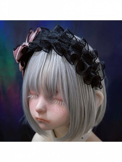 Black and Pink Ruffled Lace KC Bow - Strange Sugar