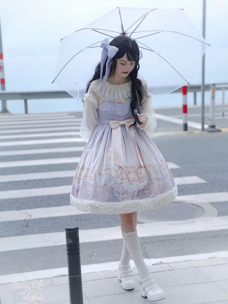 Dress Lolita with Cloud and JSK Purple Hem Sheep Print Sweet Plush