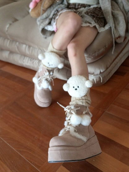 ホワイト/カーキ/ライトグレー/コーヒーのニットレッグウォーマー（子犬のぬいぐるみ付き）