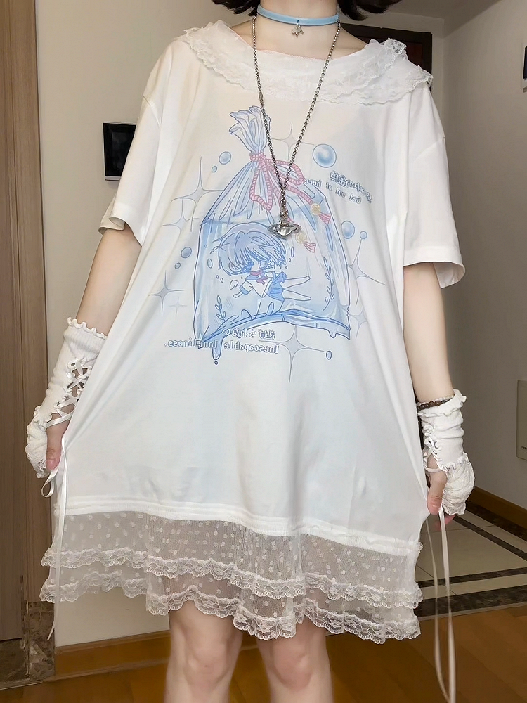 T-Shirt Free Blue with Dress Gloves Style Fingerless Trim Light Landmine Lace Print Cartoon