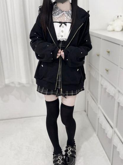 Hood Jirai Ear Kei Hoodie: Style Beaded Bunny Zip-Up Black Sleeve