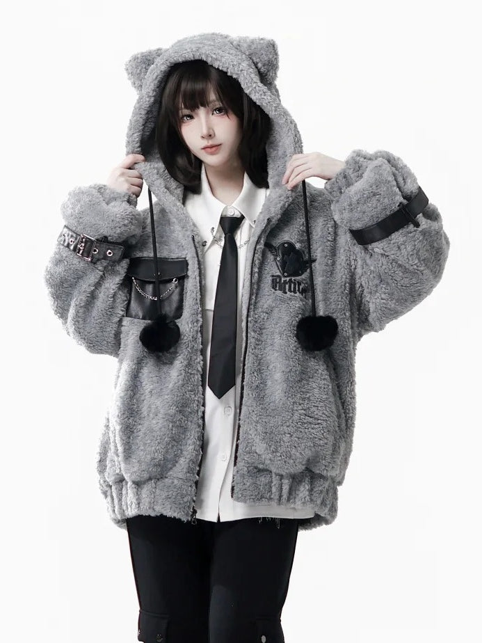 Hooded Pompon Ear Charm Jacket - Grey Plush Kitty