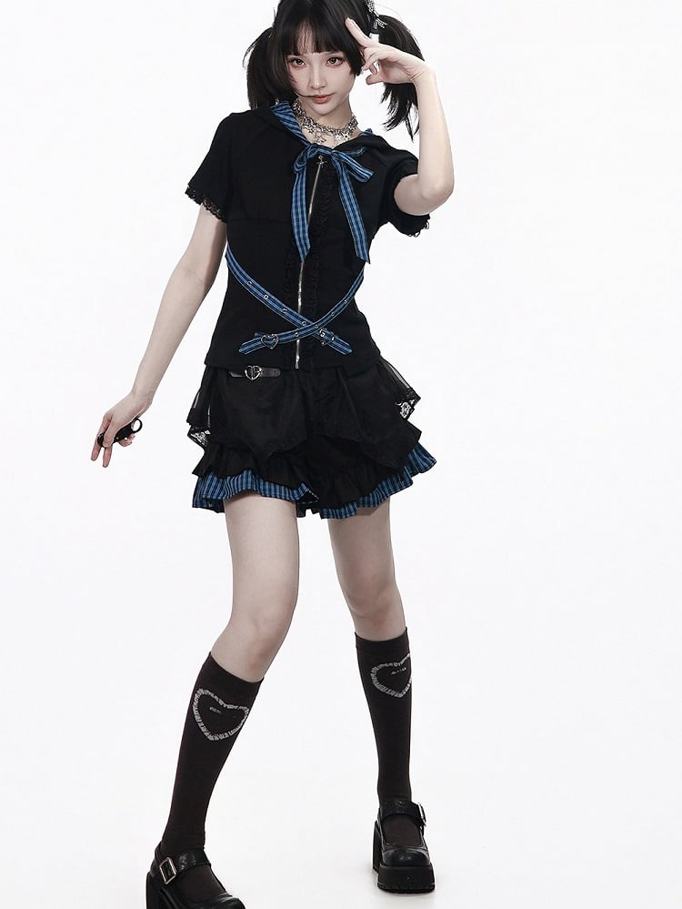 Plaid Hooded Cinched-Waist Top with Buckle Strap - PINK SAVIOR