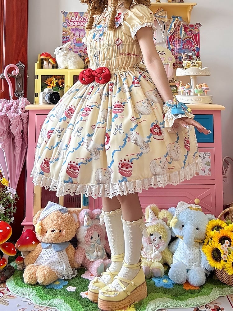 Smocked Cream One Lolita Bows Sweet and Piece Kitty Yellow Elastic Print Bodice