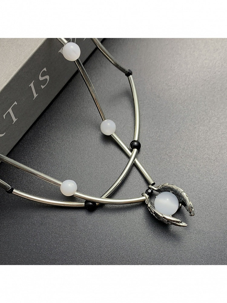 Silver Layered Necklace with Bead Decoration - YSHXS