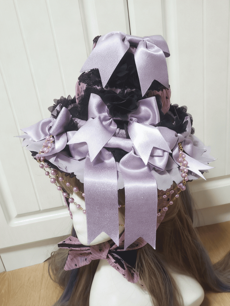 Black Hat Top Polka-Dot Purple Lolita Bowknot Pearl