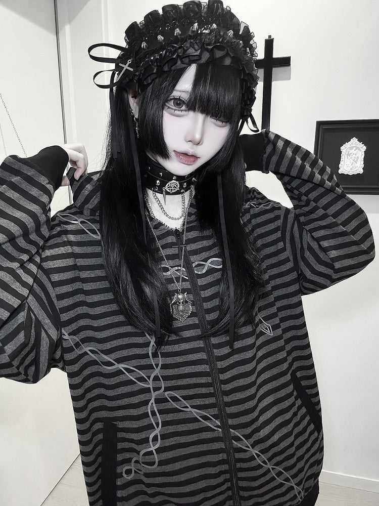 Hooded Cross Black Zip-up for Gray Chain Print Autumn Jacket Stripes with