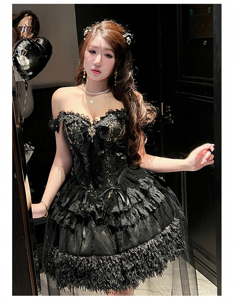 Schwarzes und goldenes trägerloses Korsett-Oberteil mit herzförmigem Ausschnitt + schimmernder schwarzer Paillettenrock