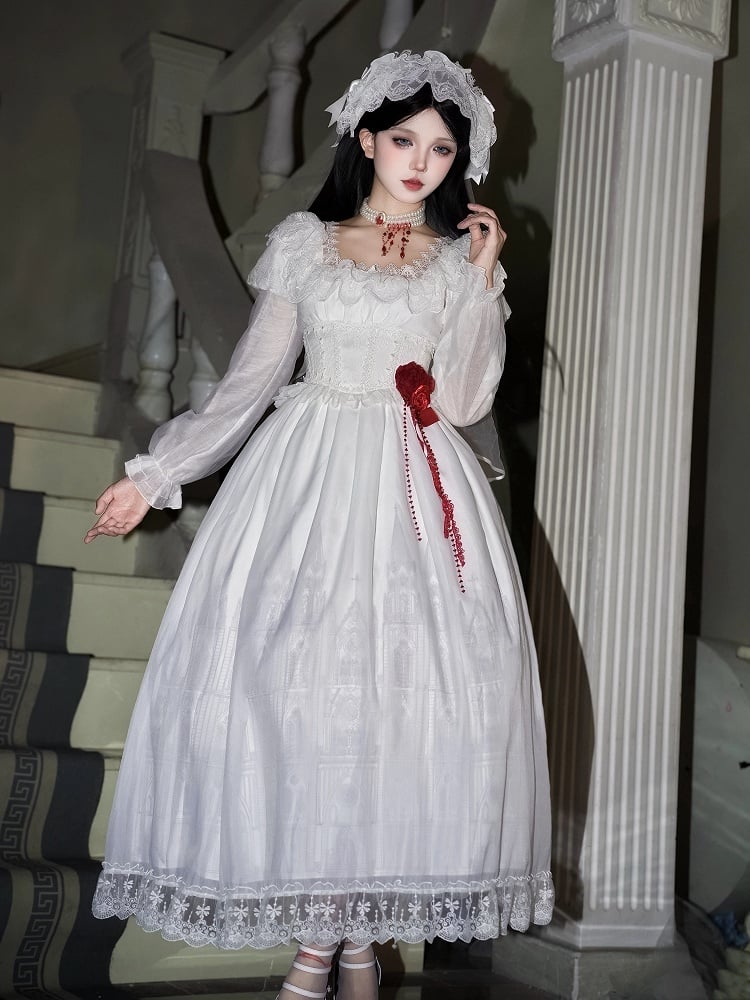 Kleid mit quadratischem Ausschnitt, Spitze, lang, Gothic, Kreuzdruck, Besatz, weiß, Lolita, Gothic, Burgversion