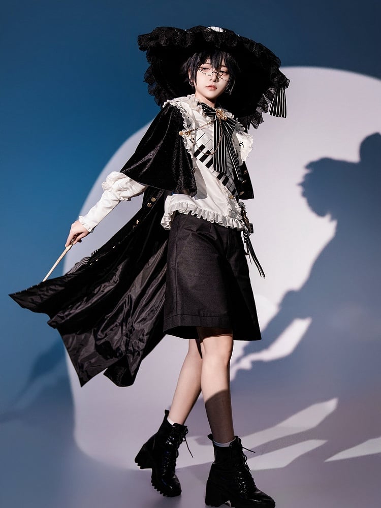 Black and White Ouji Lolita Full Set - White Shirt + Black Shorts + Musical Note Print Black Robe