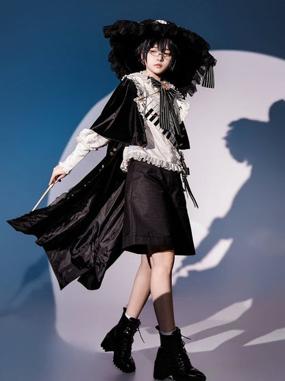 Black and White Ouji Lolita Full Set - White Shirt + Black Shorts + Musical Note Print Black Robe