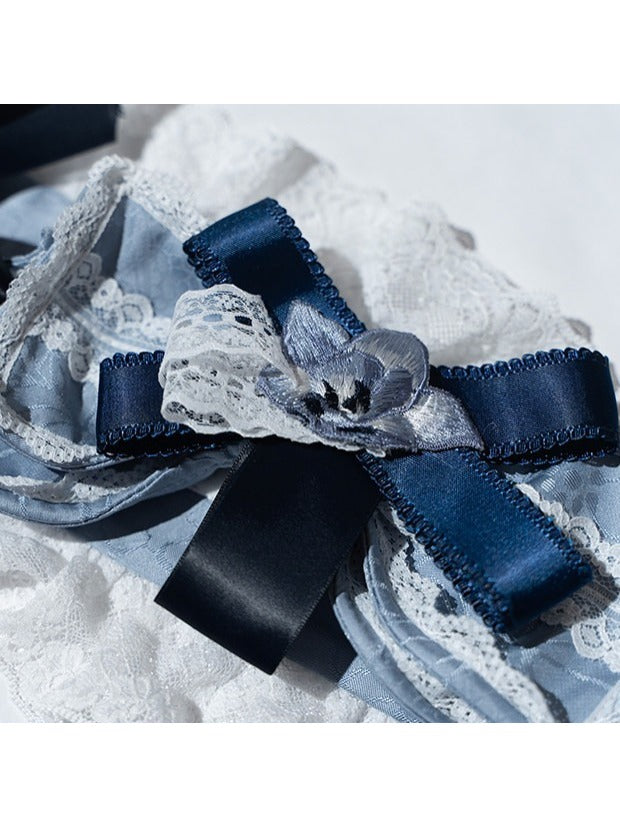 Black & Blue Floral Embroidered Headband with Lace Trim - Yimu Walnut