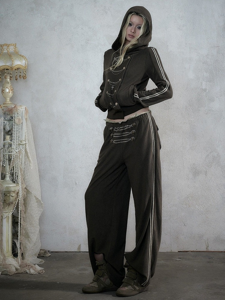 Khaki Green Double-Breasted Hooded Jacket with Chain Embroidery Details, Punk Fashion - NO ROMANCE