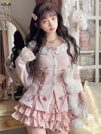 Rosa Strickjacke mit gerüschten Spitzenband-Schleifen-Akzenten