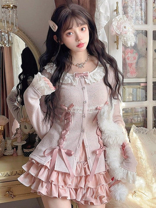 Pink Knitted Cardigan with Ruffled Lace  Ribbon Bow Accents