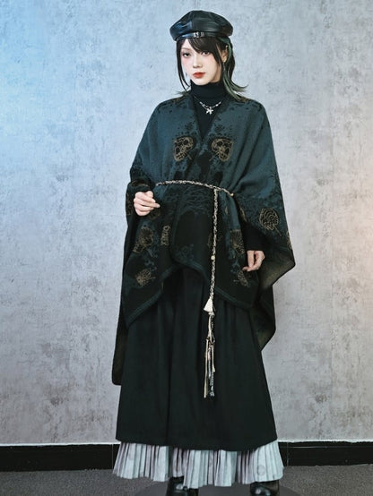 with Goth Design Open Leaf Green - Dark Cheongsam Style Print Placket Shawl