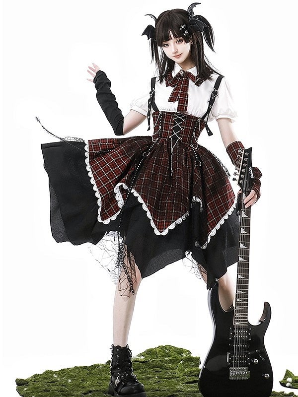 Dress Lolita Punk Red Black Plaid Overall Sleeves Detachable + Blouse Puff-Sleeve