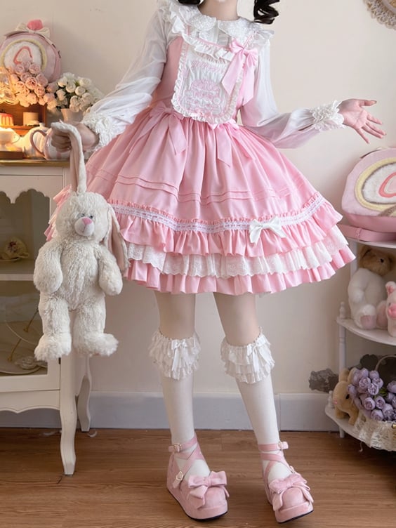 Teddy & Cake Embroidery Sweet Lolita Dress – Square Neck Tiered Skirt | Miss Han