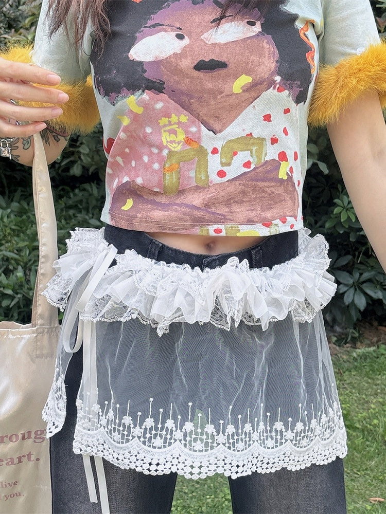 Bittersweet Embroidered White Y2K Cuff Trim Pants Floral Sheer Lace Accessory Ruffled