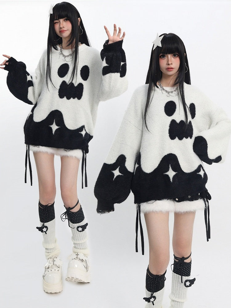 Oversized Ghost-Inspired Sweater in White & Black - Catwish