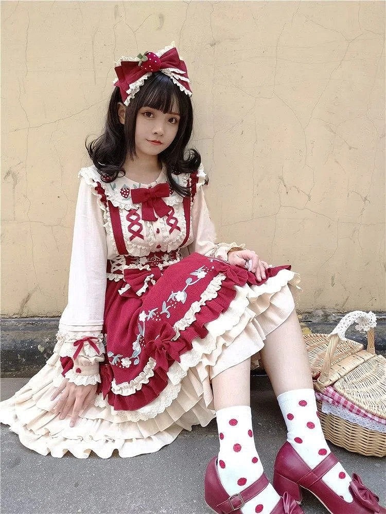and Wine Lolita Red Overall Tiered Flutter Hem Sweet with Sleeves Skirt