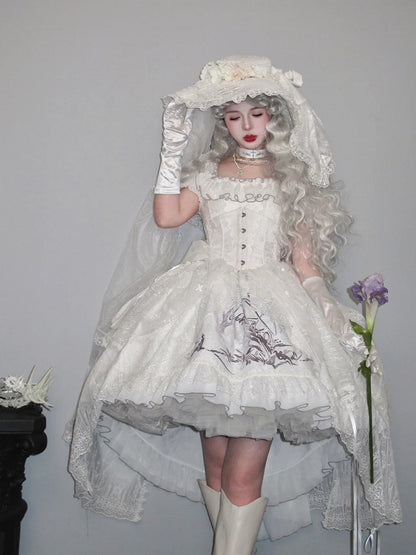 White Shiro Dragon Bone Embroidery High-low Skirt Dress Gothic Lolita OP with Cathedral Embroidery Overlay
