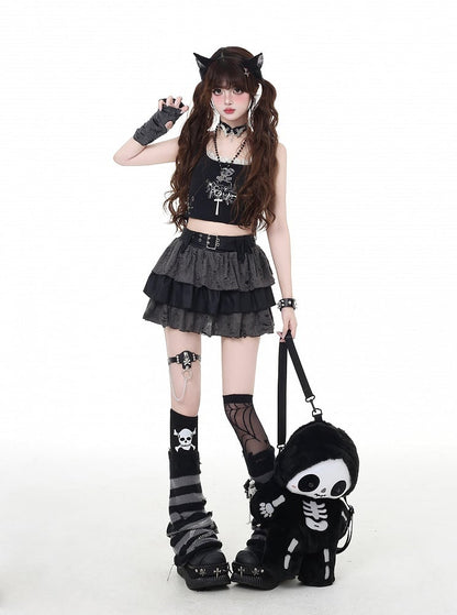 Tiered Skirt Gray Distressed Holes Lined